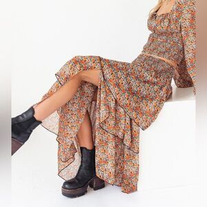MinkPink Tiered Orange Floral Maxi Skirt Size Small